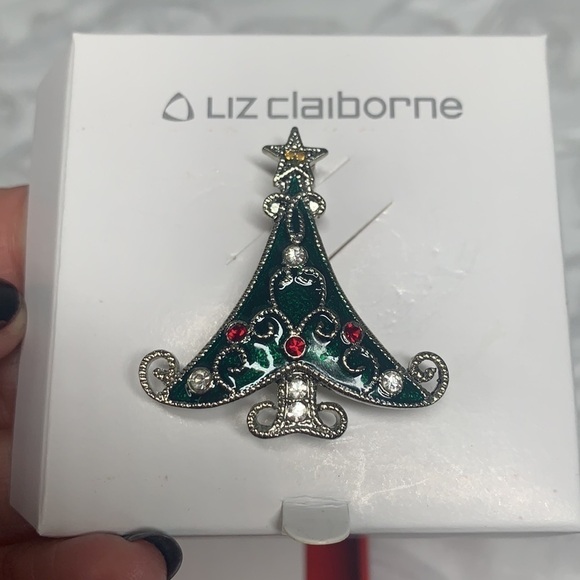 Liz Claiborne Christmas Tree Pin-Silver/Green Enamel/Multicolor Crystal - Picture 4 of 5